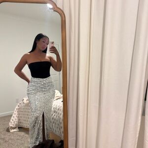 Sliver sequin split skirt